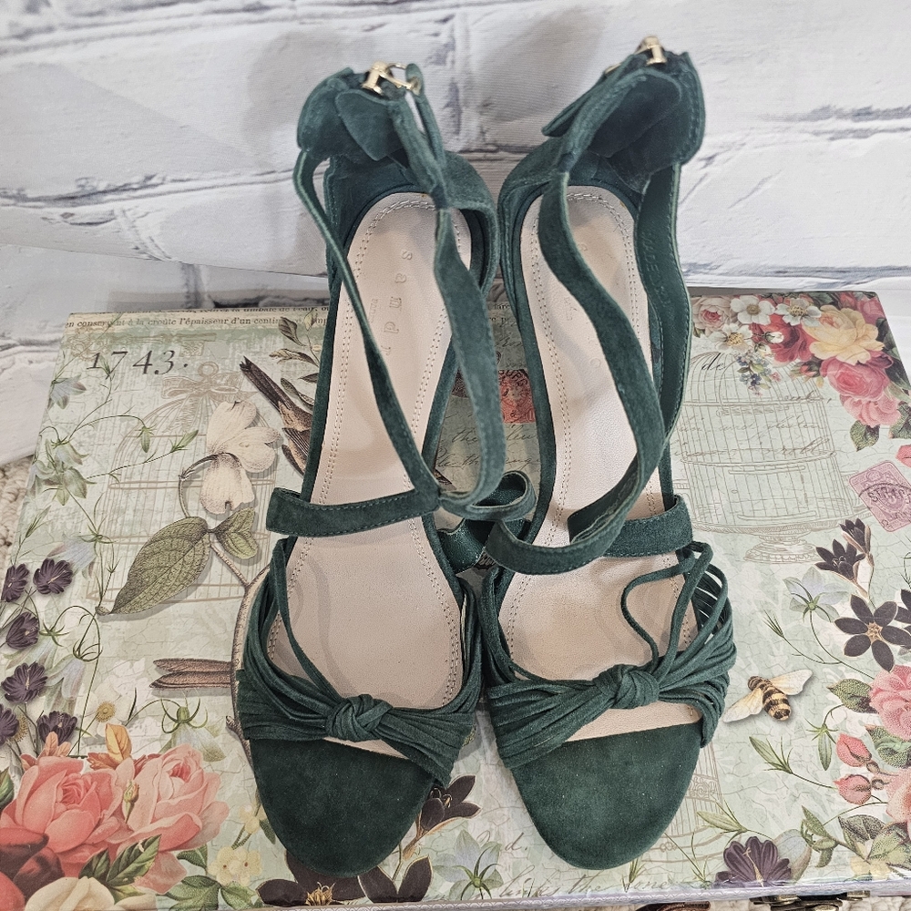 Sandro Elisa Heeled Sandals In Green Suede - Picture 5 of 8